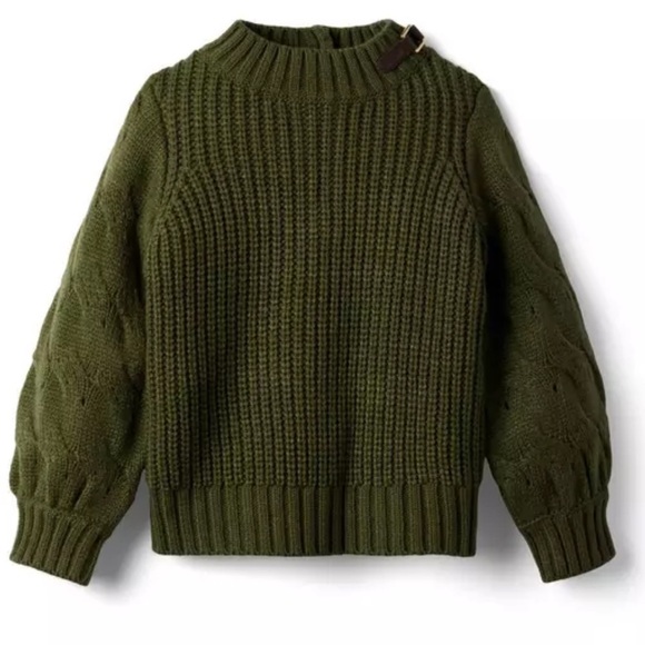 Janie & Jack Green Cableknit Puff Sleeve Size 12 Buckle Sweater Button Back - Picture 1 of 7